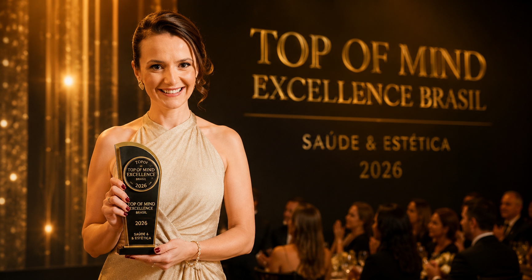 Nágila Bernarda Zortéa segurando o troféu do Prêmio Top of Mind Excellence Brasil 2026 — Saúde & Estética